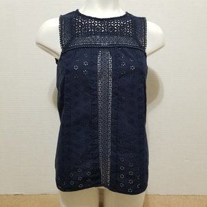 J.Crew top 6 unlined floral eyelet lace crochet pom trim keyhole boho cotton